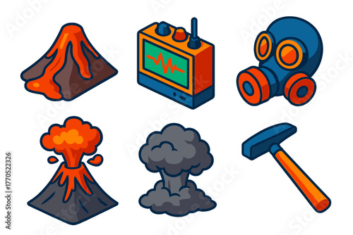 Volcanology Icon Set. Isometric vector illustration set Volcanology: Lava Flow, Seismograph, Gas Mask, Eruption, Ash Cloud, Rock