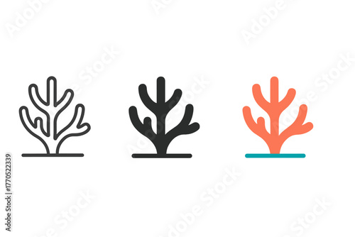 Coral Reef Icons. Minimalist coral reef icon: three identical coral reef icons in a row, first in line style with thin outline,