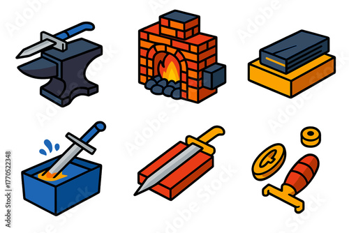 Swordmaking Tools Icons. Isometric vector illustration set Swordmaking: Anvil, Forge, Folded Steel, Quenching, Polishing Stone,