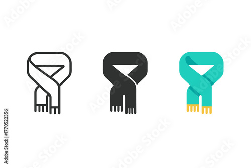Minimalist Scarf Icons. Minimalist scarf icon: three identical folded scarves with fringes in a row, first in line style with thin