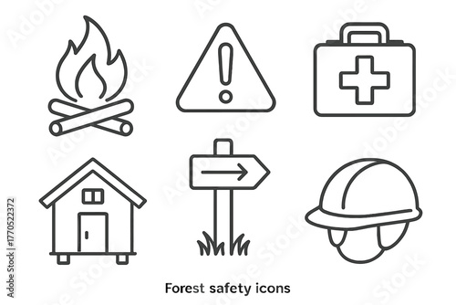 Forest Safety Icons. Line style icons of forest safety: campfire, warning sign, first aid kit, ranger station, trail marker,
