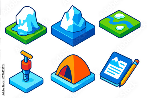 Cryospheric Study Icons. Isometric vector illustration set Cryospheric Study: Melting Glacier, Iceberg, Meltwater, Core Drill, Ice