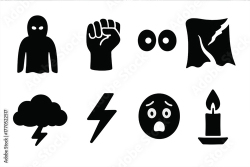 Nightmares Icon Set. Solid style icons of Nightmares: Shadow Figure, Clenched Fist, Wide Eyes, Torn Blanket, Dark Cloud, Lightning