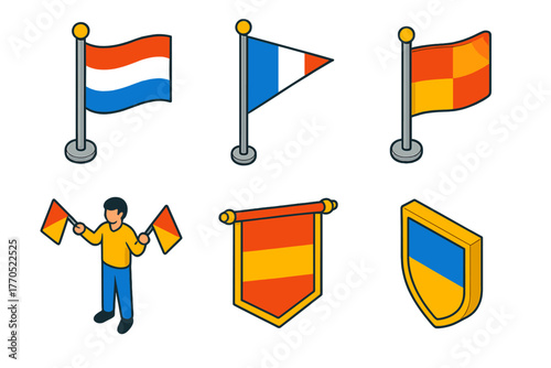 Colorful Flag Icons. Isometric vector illustration set Vexillology: Pole, Pennant, Flag Design, Banner, Semaphore, Crest Shield.