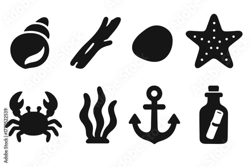 Seashore Collectibles Icons. Solid style icons of Seashore Collectibles: Seashell, Driftwood, Pebble, Starfish, Crab, Seaweed,