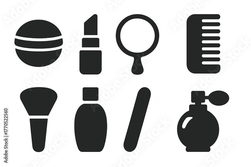 Beauty Rituals Icons. Solid style icons of Beauty Rituals: Powder Puff, Lipstick, Mirror, Comb, Brush, Bottle, Nail File, Perfume,
