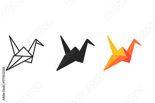 Minimalist Origami Cranes. Minimalist origami crane icon: three identical paper cranes in a row, first in line style with thin