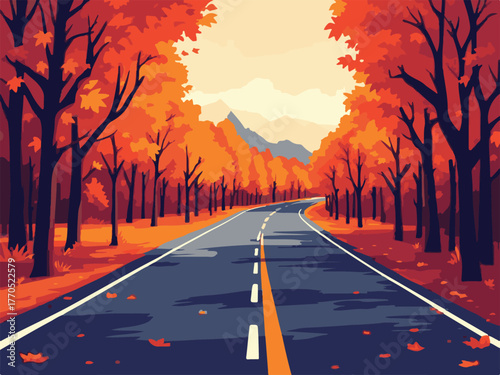 Scenic Road Through Autumn Forest with Mountains in Background