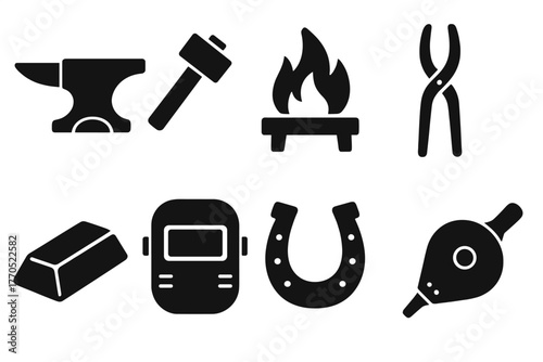 Blacksmith Workshop Icons. Solid style icons of blacksmith workshop: anvil, hammer, forge fire, tongs, metal ingot, protective