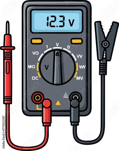 Digital Multimeter Displaying Voltage Measurement with Test Leads.