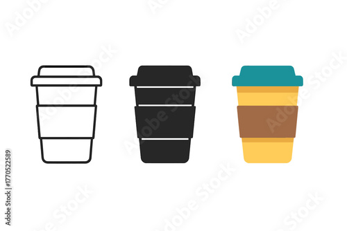 Minimalist Coffee Icons. Minimalist coffee cup icon: three identical takeaway coffee cups with lids in a row, first in line style