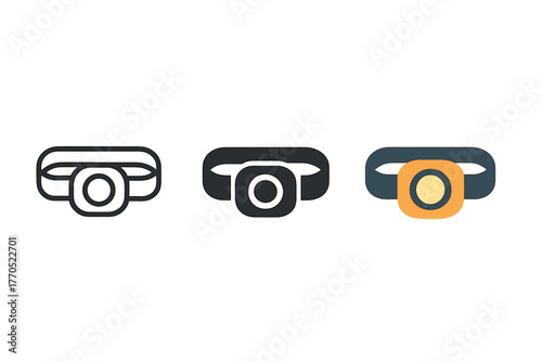 Cave Headlamp Icons. Minimalist cave headlamp icon: three identical headlamps in a row, first in line style with thin outline,