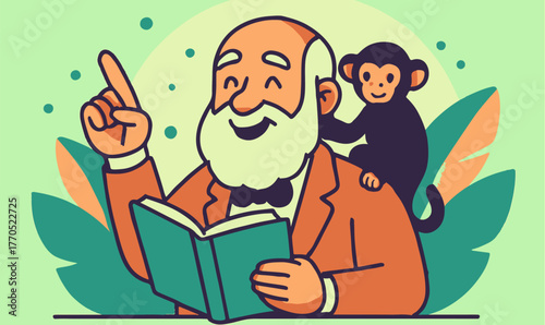 Wise Tales and Monkey Whimsy, Elderly Explorer with Book and Monkey, Storytime in the Jungle, Reading with a Monkey, wise tales illustration, monkey whimsy art, elderly explorer character,