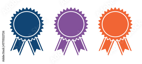 Colorful Vector Award Ribbons. Blue, Purple, and Red Prize Rosettes for First Place Winner, Quality Award, and Event Celebration Design Illustration