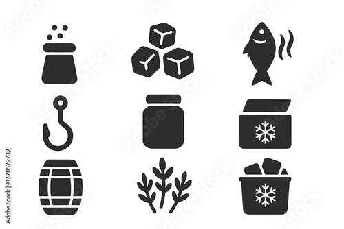 Preservation Methods Icons. Solid style icons of Preservation Methods: Salt, Ice, Smoked Fish, Meat Hook, Jar, Icebox, Barrel,