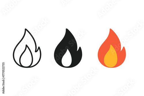 Minimalist Flame Icon. Minimalist fire flame icon: three identical flame shapes in a row, first in line style with thin outline,