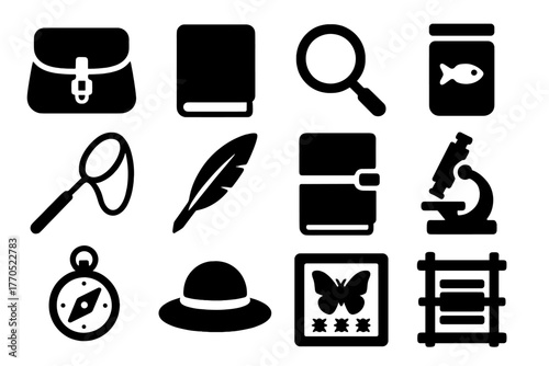 Victorian Field Kit Icons. Solid style icons of Victorian Field Kit: Leather Satchel, Sketchbook, Magnifying Glass, Specimen Jar,