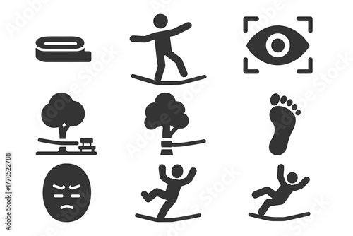 Slacklining Icons. Solid style icons of Slacklining: Webbing, Balance, Focus, Park Setting, Tree Anchor, Barefoot, Concentration