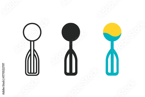 Minimalist Ice Cream Scoopers. Minimalist ice cream scoopers icon: three identical scooping tools in a row, first in line style