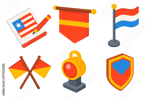 Vexillology Icons Set. Isometric vector illustration set Vexillology: Flag Design, Banner, Pole, Semaphore, Signal Lamp, Crest