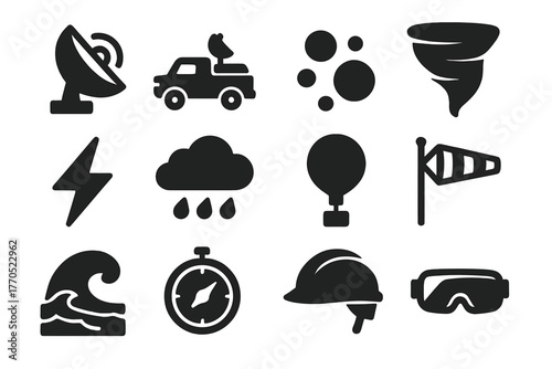 Weather Monitoring Icons. Solid style icons of Weather Monitoring: Doppler Radar, Storm Chaser Truck, Hailstone, Twister,