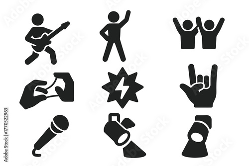 Showmanship Icon Set. Solid style icons of Showmanship: Air Guitar, Stage Pose, Crowd, Invisible Strings, Energy, Hand Gesture,