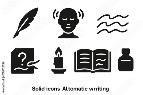 Automatic Writing Elements. Solid style icons of Automatic Writing: Quill Pen, Trance State, Flowing Script, Mysterious Message,