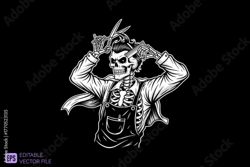 Skeleton Barber with Scissors and Comb in Hand.