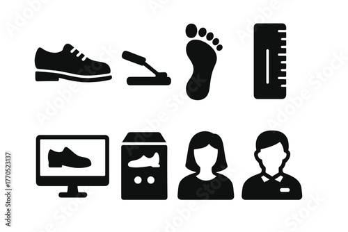 Shoe Store Icons. Solid style icons of Shoe Store Devices: Shoe, Pedal, Footprint, Measurement Ruler, Screen, Box Machine,