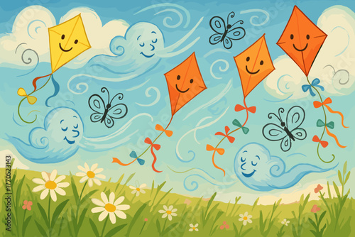 Whimsical Meadow Breezes. Playful wind gusts blowing through a meadow, lifting smiling kites and doodle butterflies