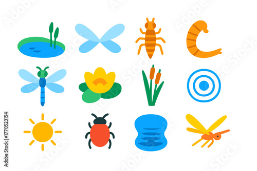 Dragonfly Habitat Icons. Flat vector icons of Dragonfly Habitat: pond, wings, nymph, larva, dragonfly, water lily, reed, ripple,