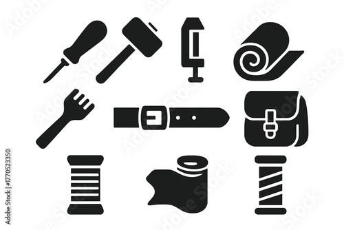 Leatherworking Tool Icons. Solid style icons of Leatherworking: Awl, Mallet, Stitching Pony, Leather Roll, Punch Tool, Belt,