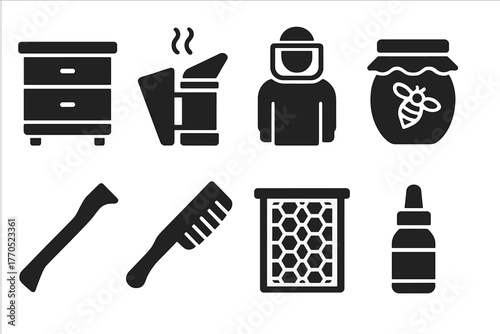 Beekeeping Tools Icons. Solid style icons of Beekeeping: Beehive, Smoker, Protective Suit, Honey Jar, Hive Tool, Bee Brush, Frame,