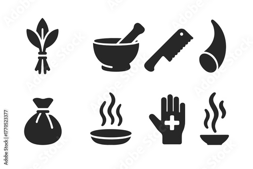 Primitive Medicine Icons. Solid style icons of Primitive Medicine: Herbal Bundle, Mortar, Pestle, Bone Saw, Animal Horn, Poultice,