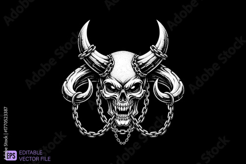 Demonic Skull with Horns and Chains Vector Illustration.