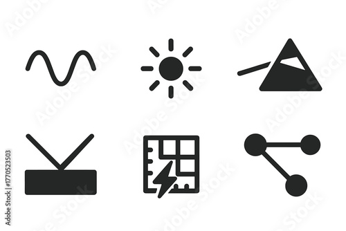 Wavelength Research Icons. Solid style icons of Wavelength Research: Sine Wave, Light Particle, Nanometer Scale, Prism Glow,