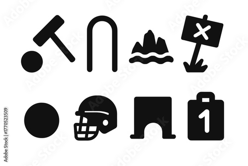 Outdoor Game Elements. Solid style icons of Outdoor Challenges: Mallet, Wicket, Rough Terrain, Unconventional Rules, Ball, Helmet,
