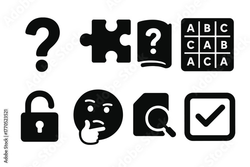 Riddle Solving Icons. Solid style icons of Riddle Solving: Question Mark, Puzzle Symbol, Book Page, Cipher Grid, Open Lock,