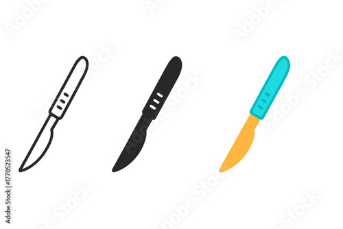 Scalpel Icon Styles. Minimalist surgical instrument icon: three identical scalpel icons in a row, first in line style with thin