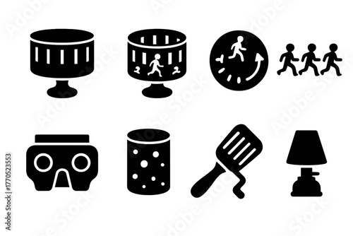 Vintage Frame Animators Icons. Solid style icons of Vintage Frame Animators: Slitted Drum, Zoetrope, Spinning, Sequential Images,