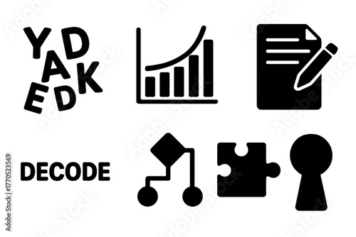 Codebreaking Icons Set. Solid style icons of Codebreaking Process: Scrambled Letters, Frequency Graph, Handwriting Note, Analysis