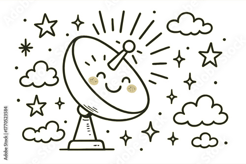 Happy Satellite Doodle. Whimsical doodle vector illustration of a smiling satellite dish beaming happy rays, surrounded by doodle