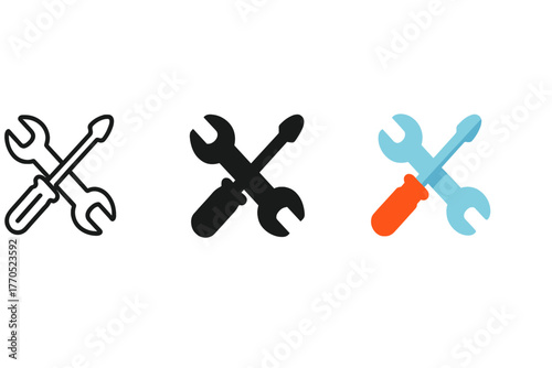 Minimal Tool Icons. Minimalist screwdriver and wrench icon: three identical crossed screwdriver and wrench symbols in a row, first