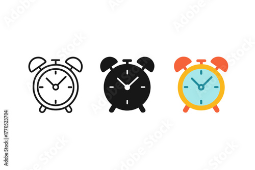 Minimalist Alarm Clocks. Minimalist alarm clock icon: three identical alarm clocks with two bells on top in a row, first in line