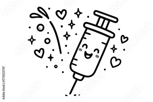 Cheerful Syringe Doodle. Cute doodle vector artwork of a cheerful syringe with a happy face, squirting doodle sparkles, bubbles,