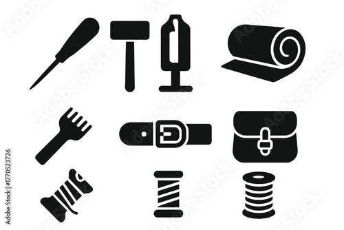 Leatherworking Tool Icons. Solid style icons of Leatherworking: Awl, Mallet, Stitching Pony, Leather Roll, Punch Tool, Belt,