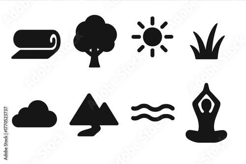 Outdoor Yoga Icons. Solid style icons of Outdoor Yoga: Mat, Tree, Sun, Grass, Cloud, Mountain, River, Pose Silhouette, No text, No