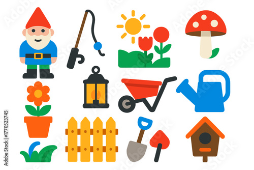 Gnome Garden Icons. Flat vector icons of Backyard Gnome: pointy hat, fishing rod, beard, garden, mushroom, flower pot, lantern,