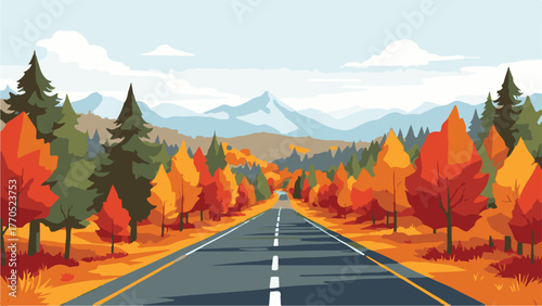 Scenic Road Through Autumn Forest with Mountains in Background