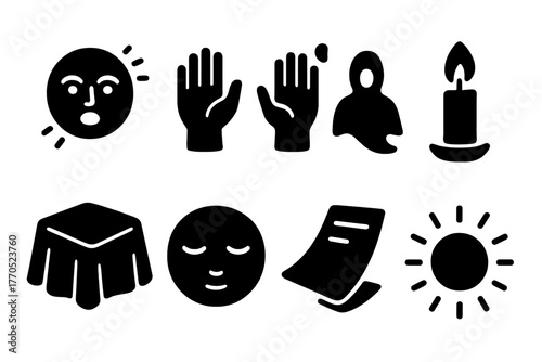 Spiritual Symbols Icons. Solid style icons of Medium at Work: Speaking Face, Raised Hands, Tablecloth, Spirit Symbol, Candle Glow,